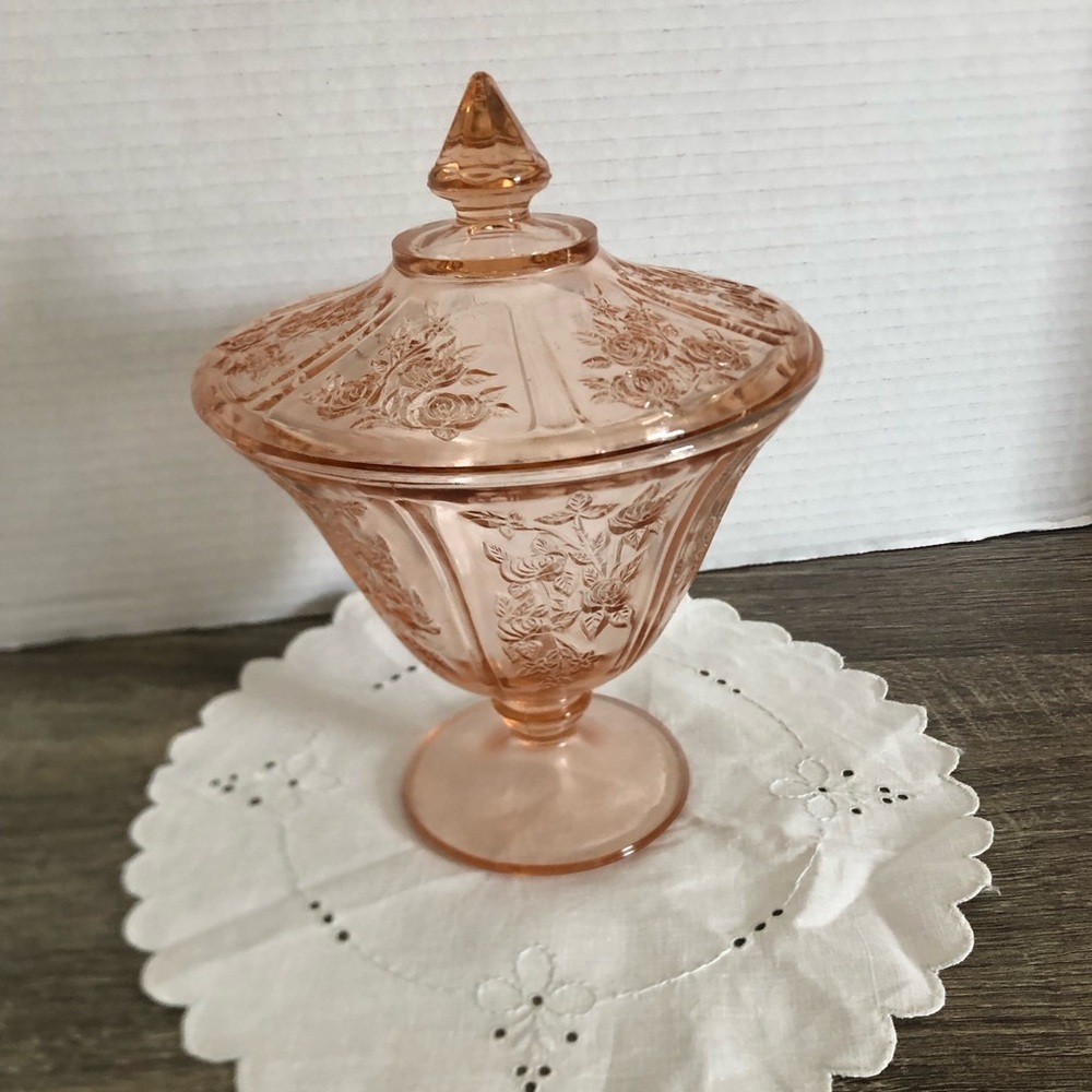 Vtg Federal Glass Pink Sharon Cabbage Rose Covered Candy Dish